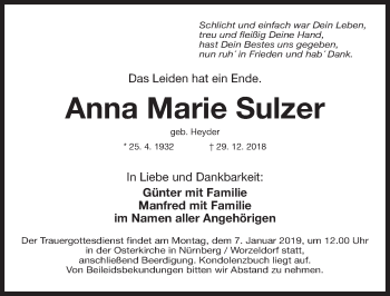 Traueranzeige von Anna Marie Sulzer von Gesamtausgabe Nürnberger Nachrichten/ Nürnberger Ztg.