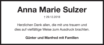 Traueranzeige von Anna Marie Sulzer von Gesamtausgabe Nürnberger Nachrichten/ Nürnberger Ztg.