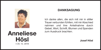 Traueranzeige von Anneliese Hösl von Gesamtausgabe Nürnberger Nachrichten/ Nürnberger Ztg.