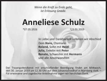 Traueranzeige von Anneliese Schulz von Gesamtausgabe Nürnberger Nachrichten/ Nürnberger Ztg.