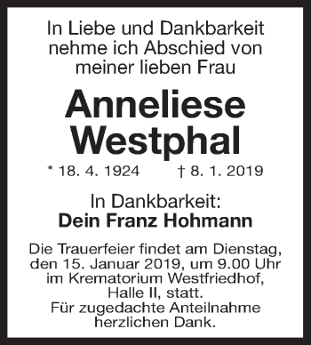 Traueranzeige von Anneliese Westphal von Gesamtausgabe Nürnberger Nachrichten/ Nürnberger Ztg.