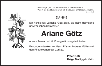 Traueranzeige von Ariane Götz von Gesamtausgabe Nürnberger Nachrichten/ Nürnberger Ztg.