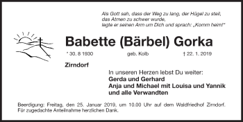 Traueranzeige von Babette Gorka von Fürther Nachrichten Lokal