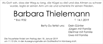 Traueranzeige von Barbara Thielemann von Gesamtausgabe Nürnberger Nachrichten/ Nürnberger Ztg.