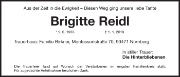 Traueranzeige von Brigitte Reidl von Gesamtausgabe Nürnberger Nachrichten/ Nürnberger Ztg.