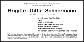 Traueranzeige von Brigitte Gitta Schnermann von Gesamtausgabe Nürnberger Nachrichten/ Nürnberger Ztg.