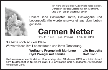 Traueranzeige von Carmen Netter von Gesamtausgabe Nürnberger Nachrichten/ Nürnberger Ztg.