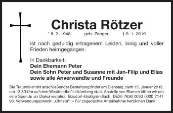 Traueranzeige von Christa Rötzer von Gesamtausgabe Nürnberger Nachrichten/ Nürnberger Ztg.