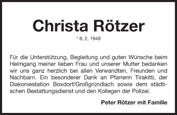 Traueranzeige von Christa Rötzer von Gesamtausgabe Nürnberger Nachrichten/ Nürnberger Ztg.