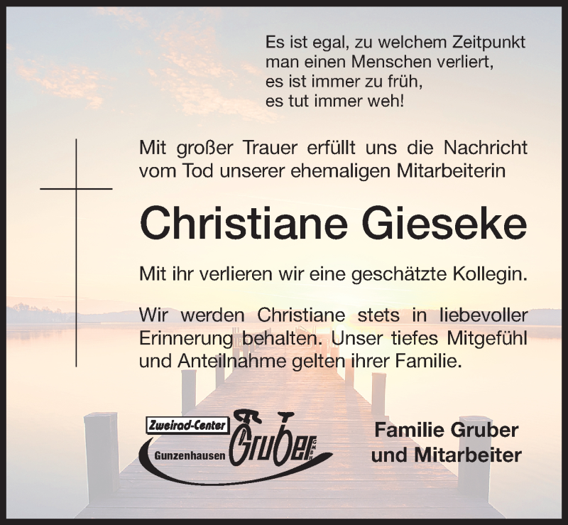  Traueranzeige für Christiane Gieseke vom 01.02.2019 aus Altmühl-Bote Lokal