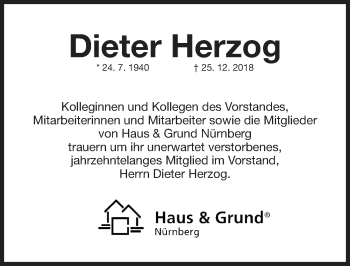 Traueranzeige von Dieter Herzog von Gesamtausgabe Nürnberger Nachrichten/ Nürnberger Ztg.