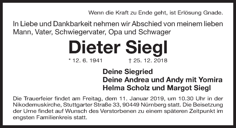  Traueranzeige für Dieter Siegl vom 05.01.2019 aus Gesamtausgabe Nürnberger Nachrichten/ Nürnberger Ztg.