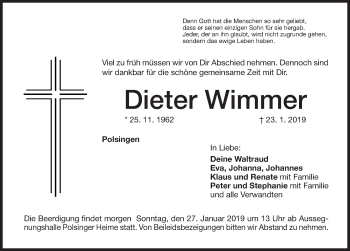 Traueranzeige von Dieter Wimmer von Altmühl-Bote Lokal