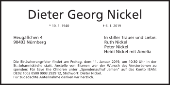 Traueranzeige von Dieter Georg Nickel von Gesamtausgabe Nürnberger Nachrichten/ Nürnberger Ztg.