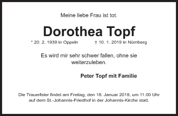 Traueranzeige von Dorothea Topf von Gesamtausgabe Nürnberger Nachrichten/ Nürnberger Ztg.