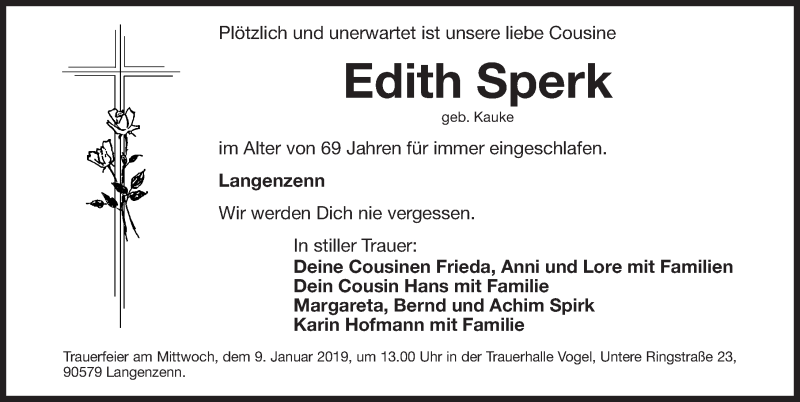  Traueranzeige für Edith Sperk vom 05.01.2019 aus Fürther Nachrichten Lokal