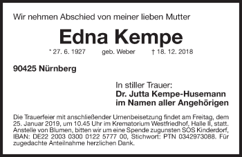 Traueranzeige von Edna Kempe von Gesamtausgabe Nürnberger Nachrichten/ Nürnberger Ztg.