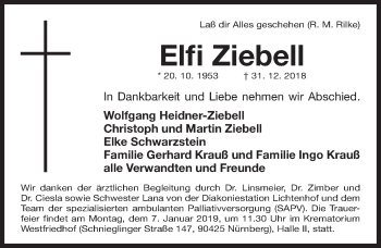 Traueranzeige von Elfi Ziebell von Gesamtausgabe Nürnberger Nachrichten/ Nürnberger Ztg.
