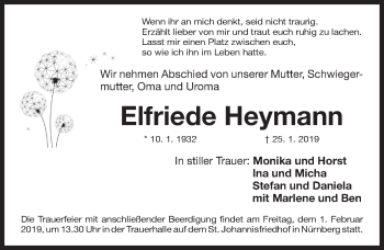 Traueranzeige von Elfriede Heymann von Gesamtausgabe Nürnberger Nachrichten/ Nürnberger Ztg.