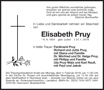 Traueranzeige von Elisabeth Pruy von Gesamtausgabe Nürnberger Nachrichten/ Nürnberger Ztg.