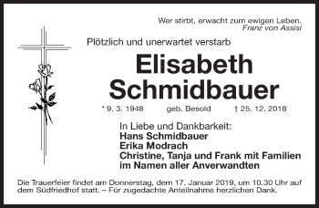 Traueranzeige von Elisabeth Schmidbauer von Gesamtausgabe Nürnberger Nachrichten/ Nürnberger Ztg.