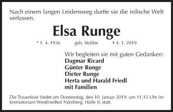 Traueranzeige von Elsa Runge von Gesamtausgabe Nürnberger Nachrichten/ Nürnberger Ztg.