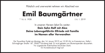 Traueranzeige von Emil Baumgärtner von Gesamtausgabe Nürnberger Nachrichten/ Nürnberger Ztg.