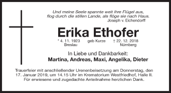 Traueranzeige von Erika Ethofer von Gesamtausgabe Nürnberger Nachrichten/ Nürnberger Ztg.