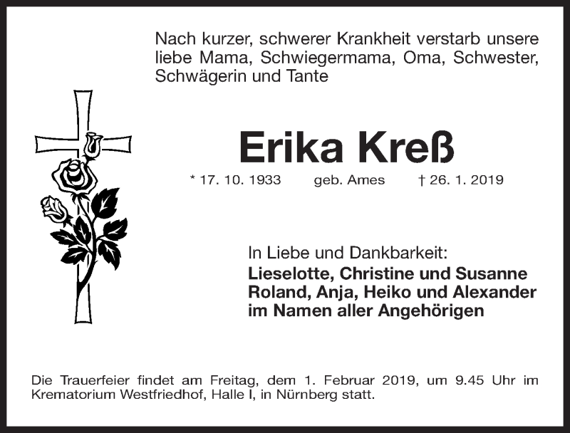  Traueranzeige für Erika Kreß vom 30.01.2019 aus Gesamtausgabe Nürnberger Nachrichten/ Nürnberger Ztg.