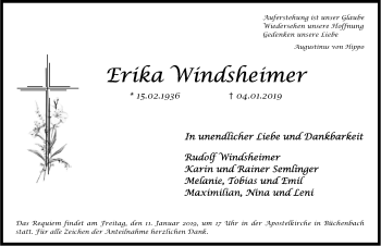 Traueranzeige von Erika  Windsheimer von Erlanger Nachrichten Lokal