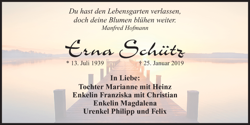  Traueranzeige für Erna Schütz vom 29.01.2019 aus Erlanger Nachrichten Lokal