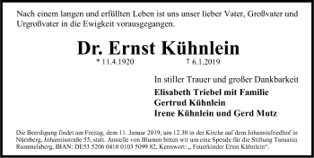 Traueranzeige von Ernst Kühnlein von Erlanger Nachrichten Lokal