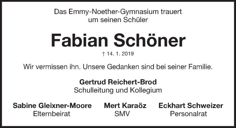  Traueranzeige für Fabian Schöner vom 22.01.2019 aus Erlanger Nachrichten Lokal