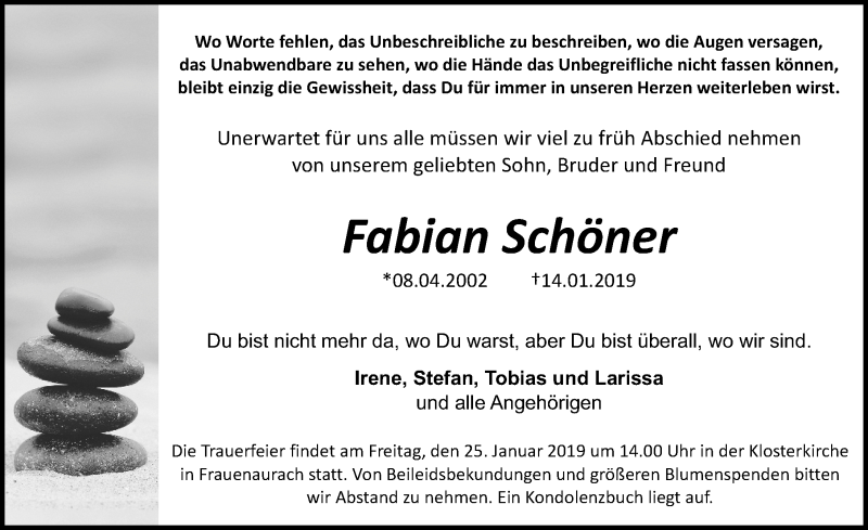  Traueranzeige für Fabian Schöner vom 19.01.2019 aus Erlanger Nachrichten Lokal