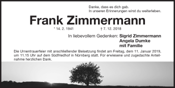Traueranzeige von Frank Zimmermann von Gesamtausgabe Nürnberger Nachrichten/ Nürnberger Ztg.