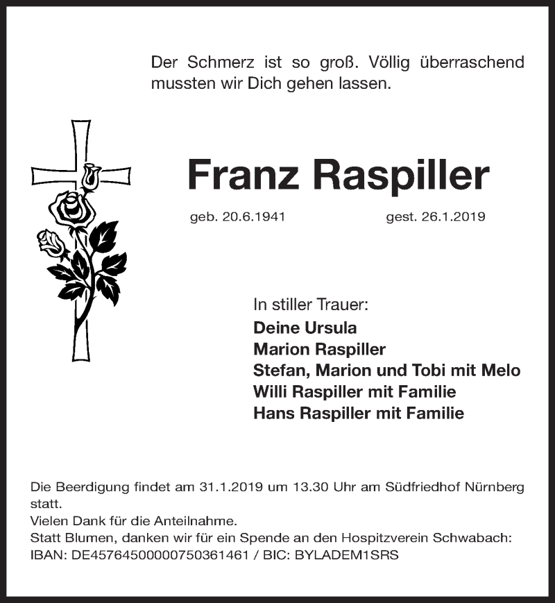  Traueranzeige für Franz Raspiller vom 29.01.2019 aus Gesamtausgabe Nürnberger Nachrichten/ Nürnberger Ztg.