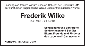 Traueranzeige von Frederik Wilke von Gesamtausgabe Nürnberger Nachrichten/ Nürnberger Ztg.