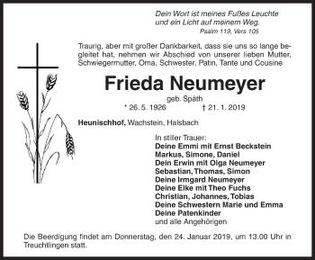 Traueranzeige von Frieda Neumeyer von Altmühl-Bote Lokal