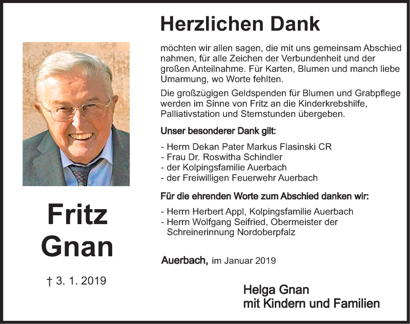  Traueranzeige für Fritz Gnan vom 12.01.2019 aus Nordbayerische Nachrichten Pegnitz Lokal