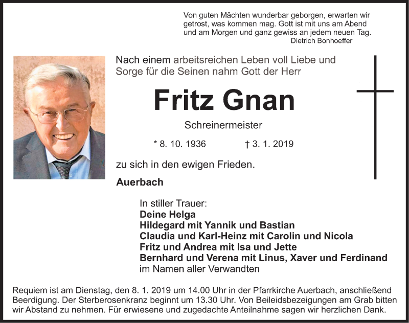  Traueranzeige für Fritz Gnan vom 05.01.2019 aus Nordbayerische Nachrichten Pegnitz Lokal