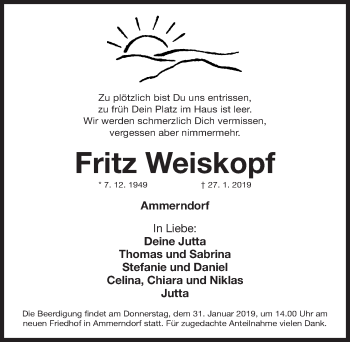 Traueranzeige von Fritz Weiskopf von Fürther Nachrichten Lokal