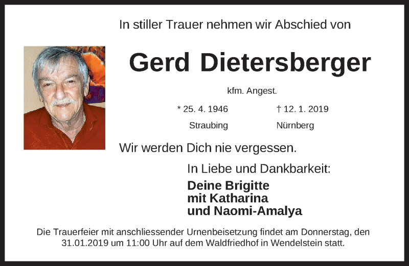  Traueranzeige für Gerd Dietersberger vom 30.01.2019 aus Gesamtausgabe Nürnberger Nachrichten/ Nürnberger Ztg.