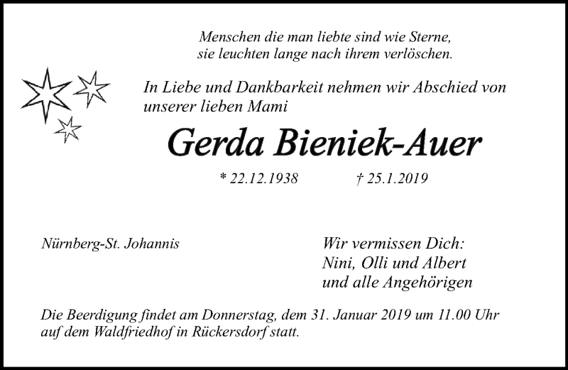  Traueranzeige für Gerda Bieniek-Auer vom 29.01.2019 aus Gesamtausgabe Nürnberger Nachrichten/ Nürnberger Ztg.