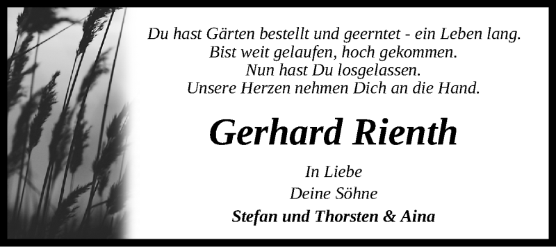  Traueranzeige für Gerhard Rienth vom 08.01.2019 aus G,HAB
