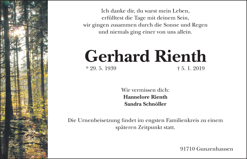  Traueranzeige für Gerhard Rienth vom 08.01.2019 aus Altmühl-Bote Lokal