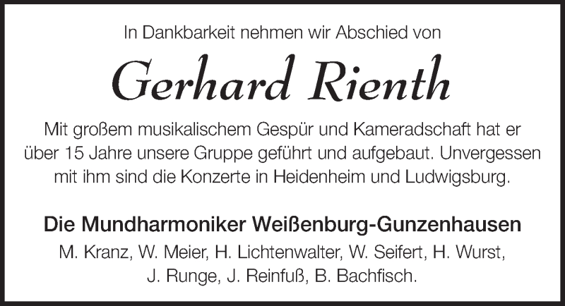  Traueranzeige für Gerhard Rienth vom 11.01.2019 aus Altmühl-Bote Lokal