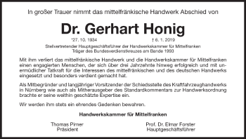 Traueranzeige von Gerhart Honig von Gesamtausgabe Nürnberger Nachrichten/ Nürnberger Ztg.