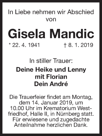 Traueranzeige von Gisela Mandic von Gesamtausgabe Nürnberger Nachrichten/ Nürnberger Ztg.