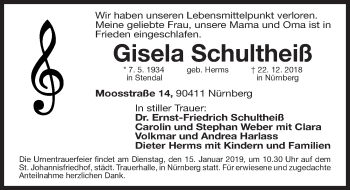 Traueranzeige von Gisela Schultheiß von Gesamtausgabe Nürnberger Nachrichten/ Nürnberger Ztg.