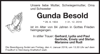 Traueranzeige von Gunda Besold von Gesamtausgabe Nürnberger Nachrichten/ Nürnberger Ztg.